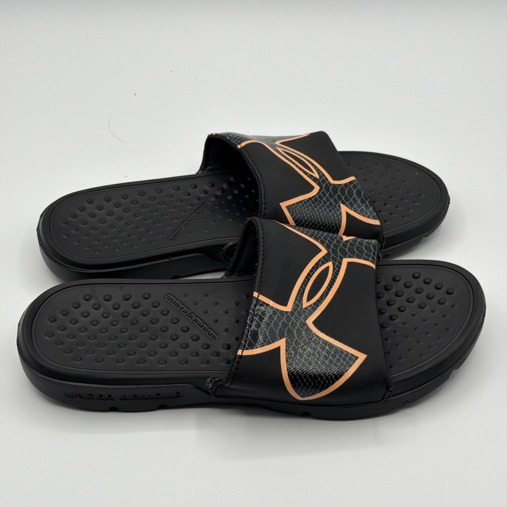 Under Armour Womens Slides Size 6‎ Black Orange Athletic Sandals Strike Rock UA